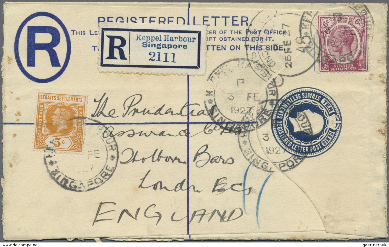 GA Malaiische Staaten - Straits Settlements: 1927, 10 C Blue KGV Registered Postal Stationery Envelope, - Straits Settlements