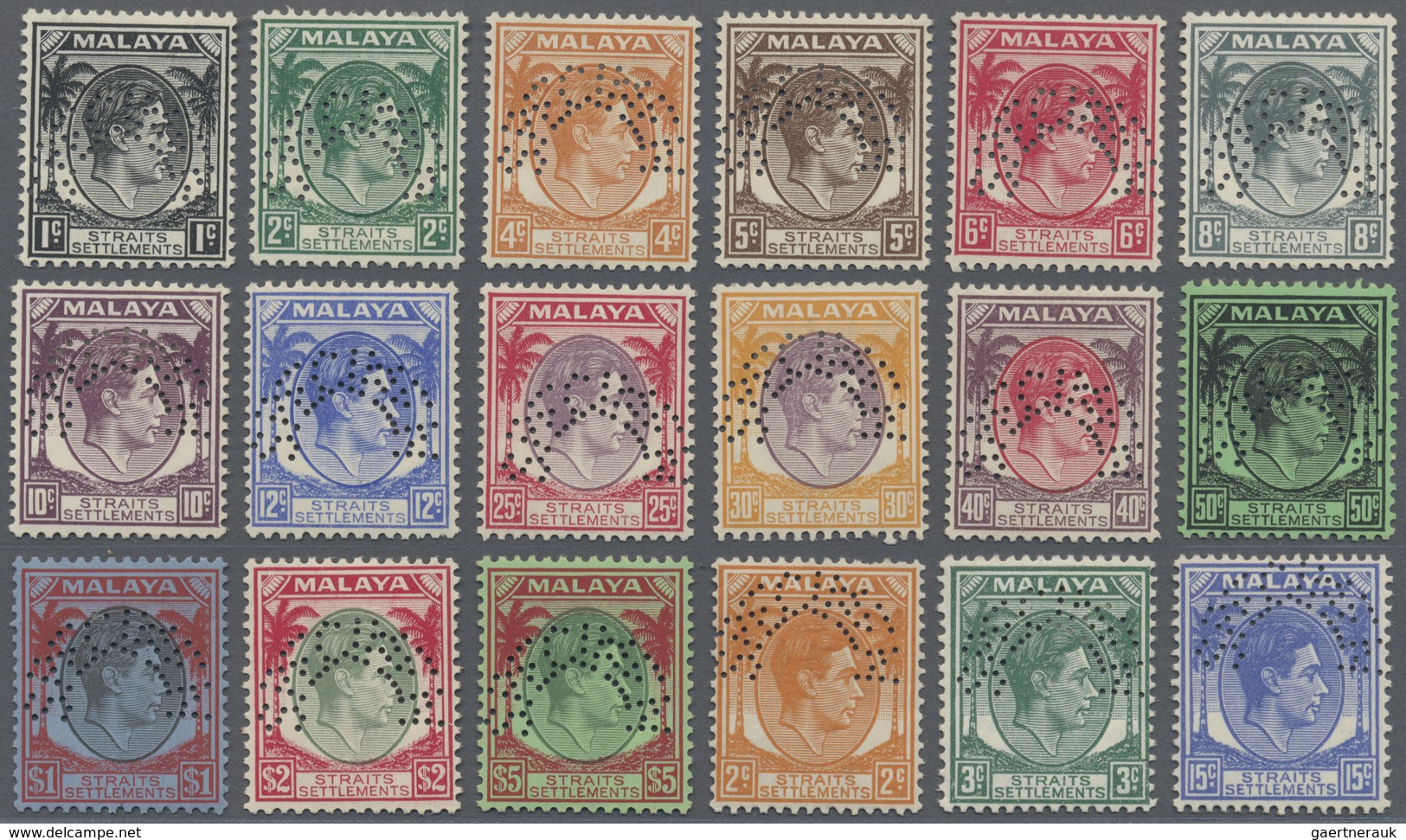 Malaiische Staaten - Straits Settlements: 1937-41 KGVI. Complete Set (18 Values Of Die I And II) Per - Straits Settlements