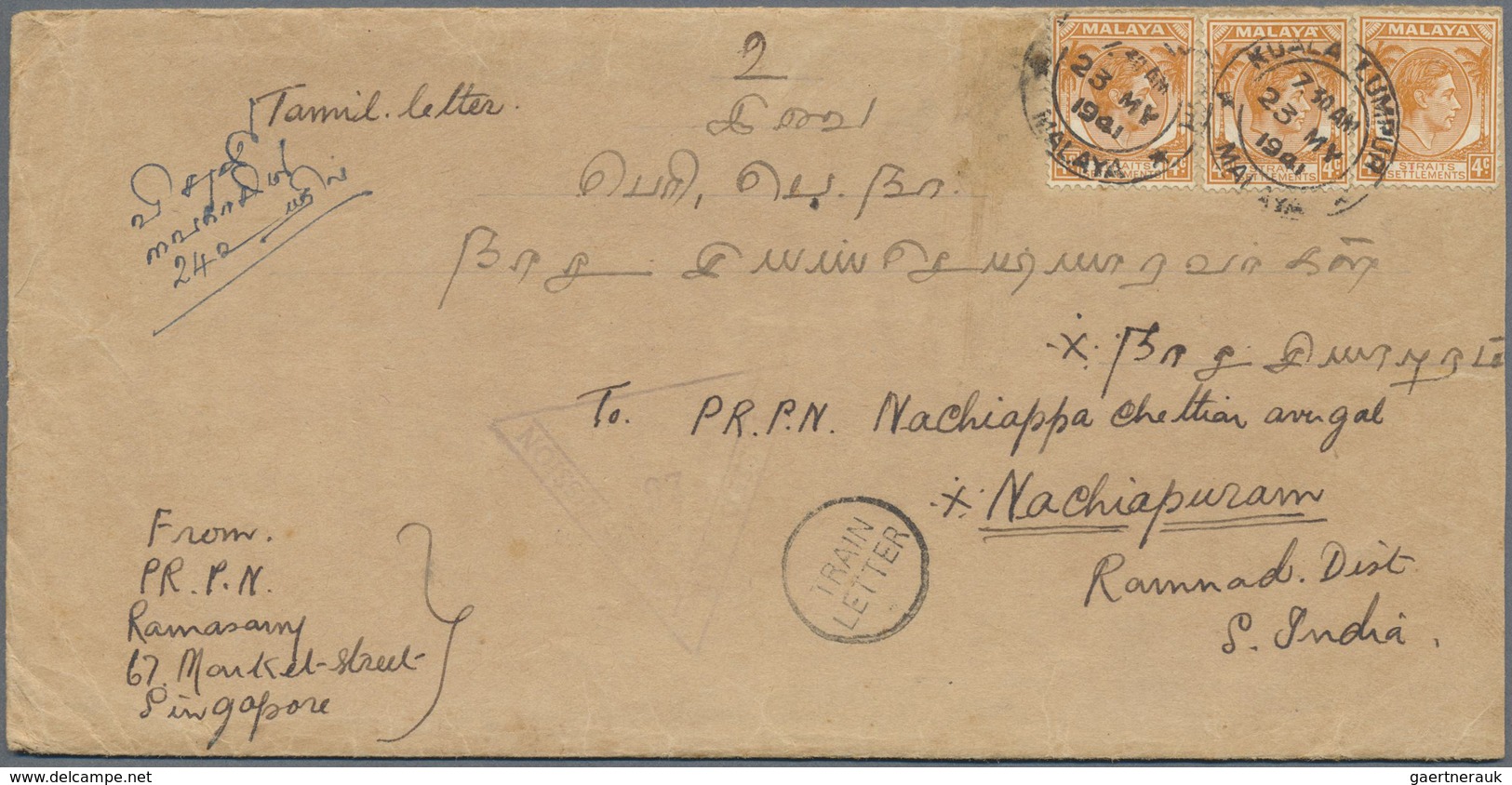 Br Malaiische Staaten - Straits Settlements: 1941, 3 X 4 C Orange KGVI, Multiple Franking On Northbound - Straits Settlements