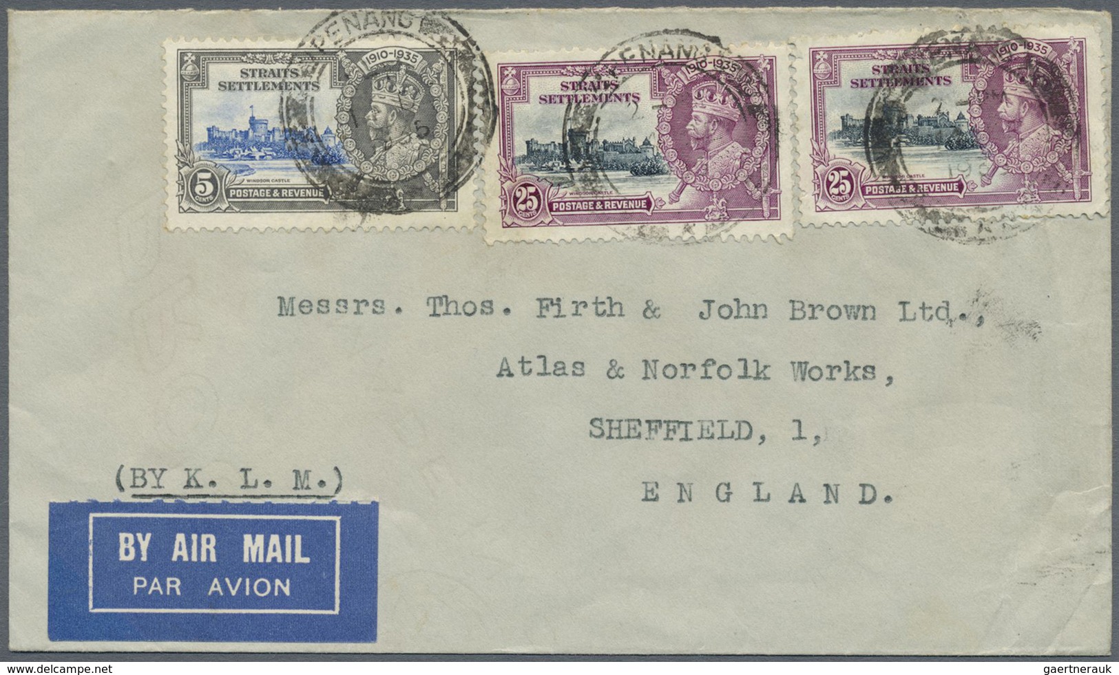 Br Malaiische Staaten - Straits Settlements: 1935 Silver Jubilee: Two Airmail Covers From Penang To Eng - Straits Settlements