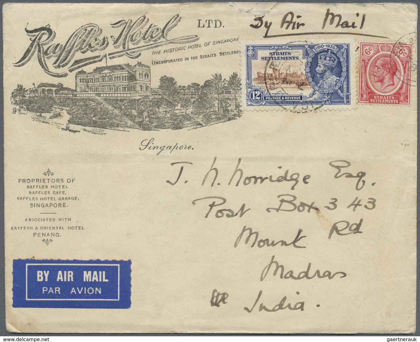 Br Malaiische Staaten - Straits Settlements: 1935. Illustrated 'Raffles Hotel' Air Mail Envelope (opein - Straits Settlements