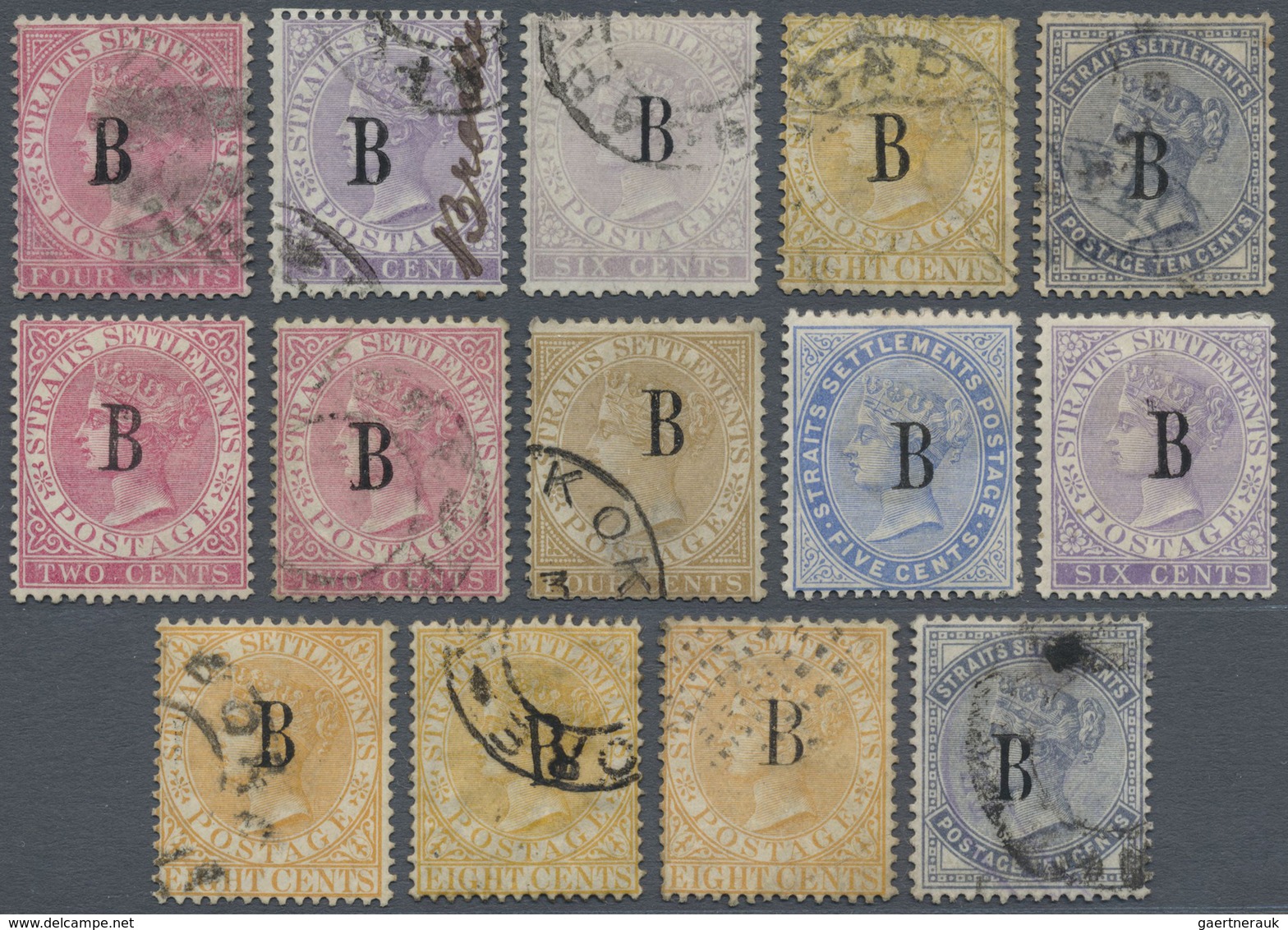 O/* Malaiische Staaten - Straits Settlements - Post In Bangkok: 1882-85: Group Of 14 QV Stamps Of Strait - Straits Settlements