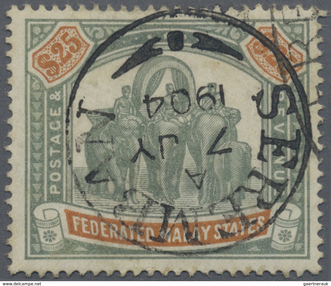 O Malaiischer Staatenbund: 1900 'Elephants' $25 Green & Orange, Used And Cancelled By "SEREMBAN/A/7 JY - Federated Malay States