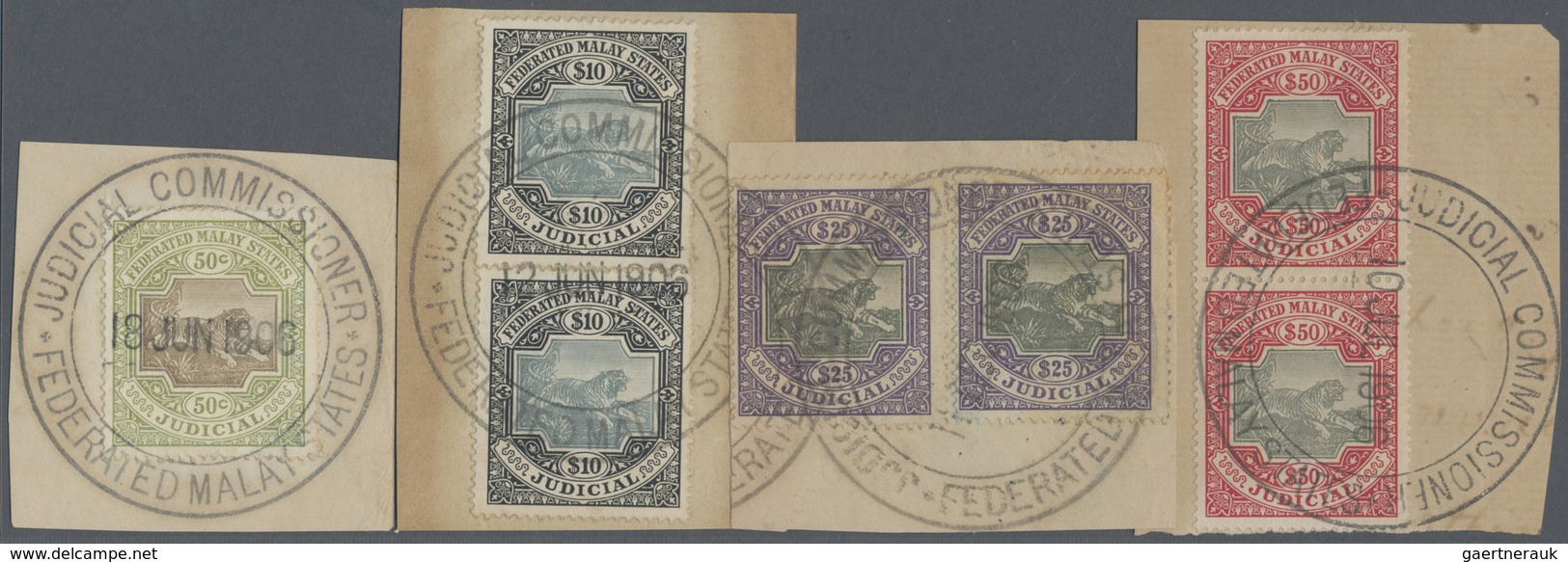 Brfst Malaiischer Staatenbund: FISCALS 1903: Group Of 19 JUDICAL Stamps On Five Pieces All Cancelled/tied - Federated Malay States