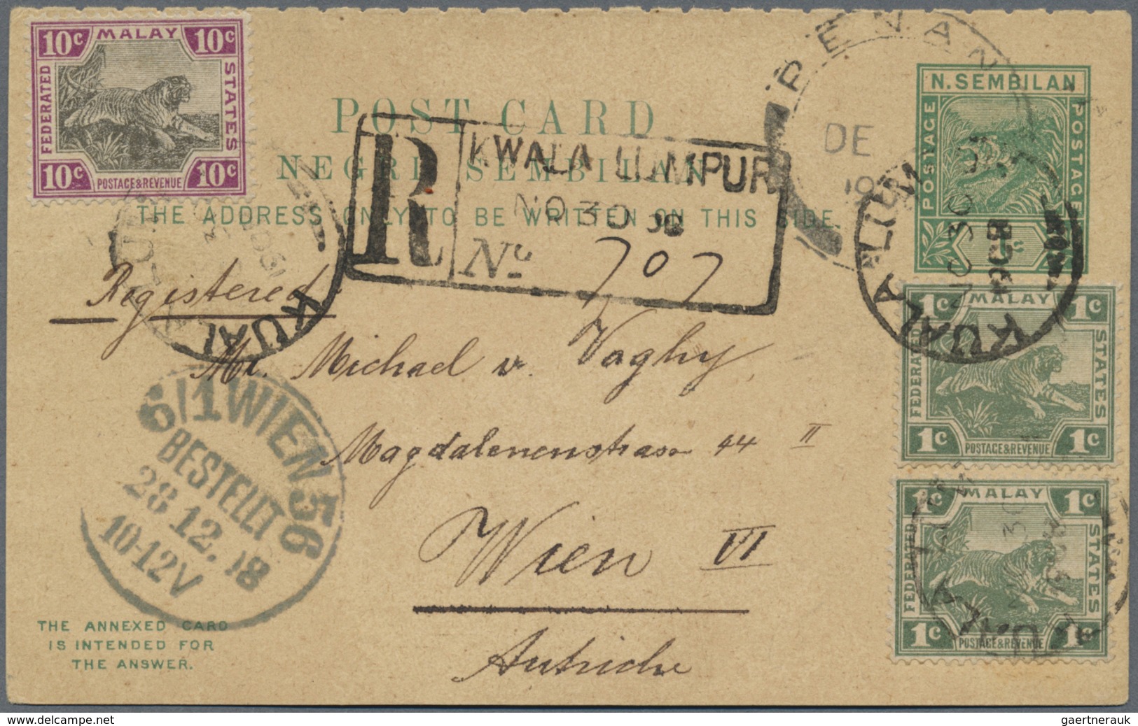 GA Malaiischer Staatenbund: 1908, Negri Sembilan 1 C Green Stationery Reply Card Question-part, Uprated - Federated Malay States