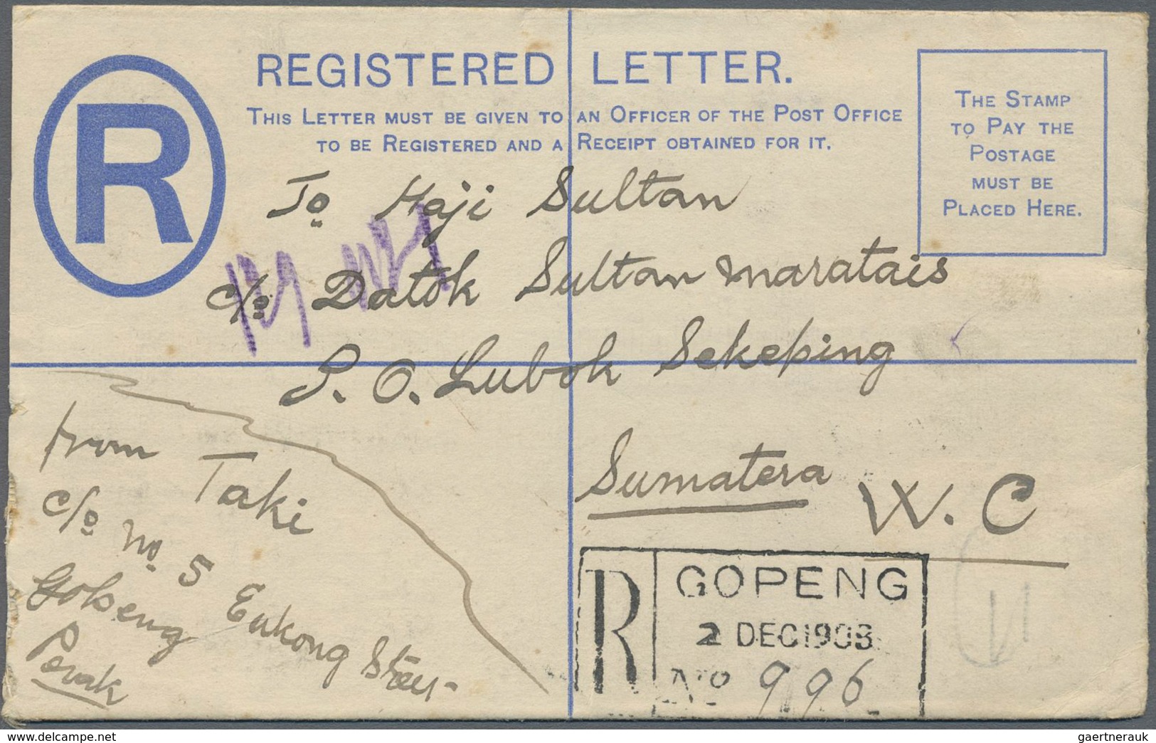 GA Malaiischer Staatenbund: 1908, Registration Envelope 10 C. Uprated 4 C. (2) Tied "GOPENG 2 DE 1908" - Federated Malay States