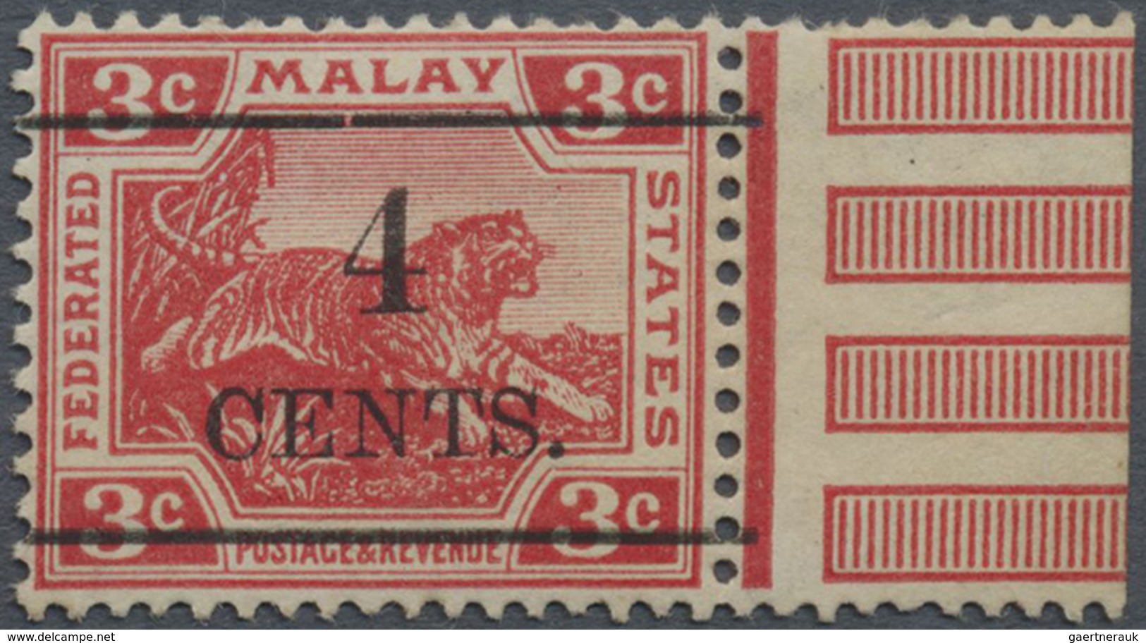 * Malaiischer Staatenbund: 1918 UNISSUED "4/CENTS." On 3c. Scarlet, With Margin At Right, Mint With Re - Federated Malay States