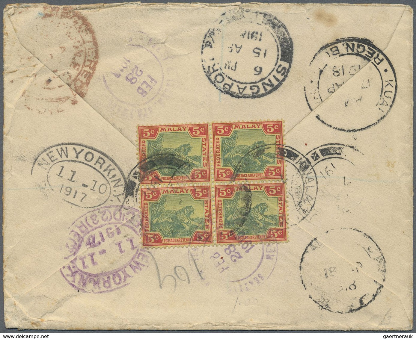 Br Malaiischer Staatenbund: 1917, 5 C Green/carmine On Yellow, Block Of Four On Registered Cover Used I - Federated Malay States