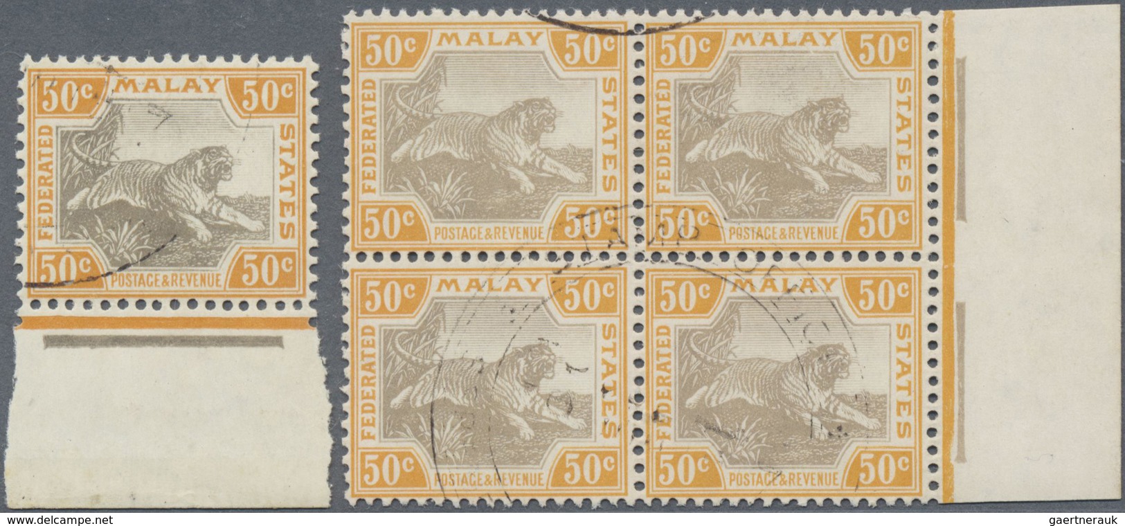 O Malaiischer Staatenbund: 1905, Tiger Definitive 50c. Grey And Orange From Lower Margin With INVERTED - Federated Malay States