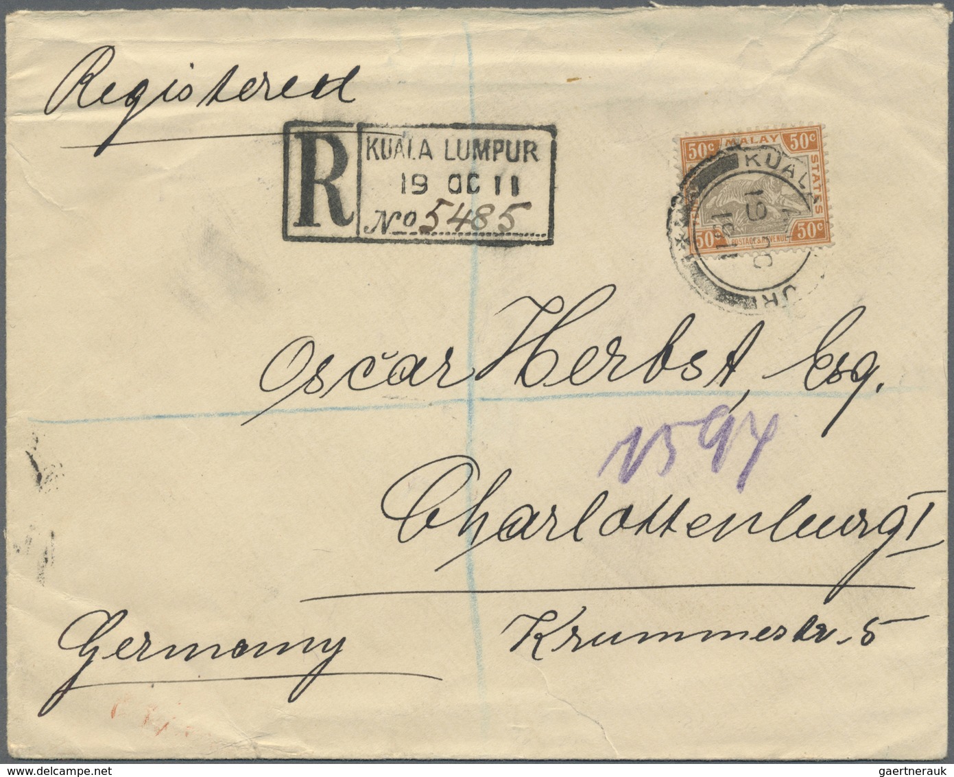 Br Malaiischer Staatenbund: 1911, 50 C Grey/orange Tiger, Exact Rate Single Franking On Registered Cove - Federated Malay States