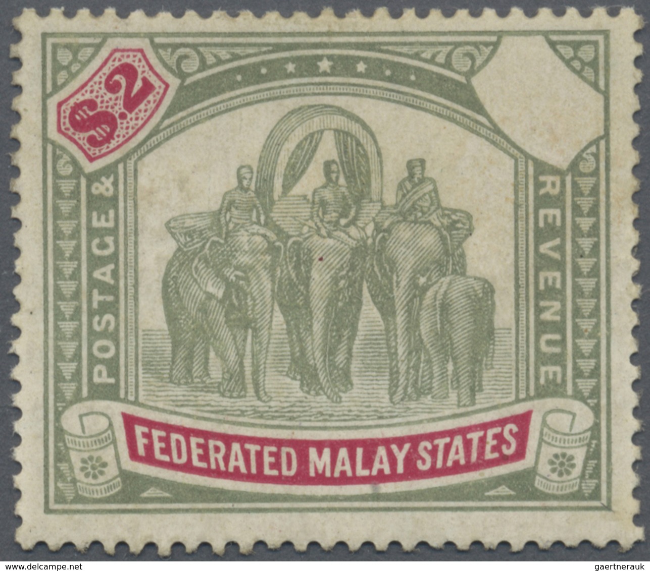 (*) Malaiischer Staatenbund: 1904-22 'Elephants' $2 Green & Carmine, Wmk Mult Crown CA, Variety "VALUE T - Federated Malay States