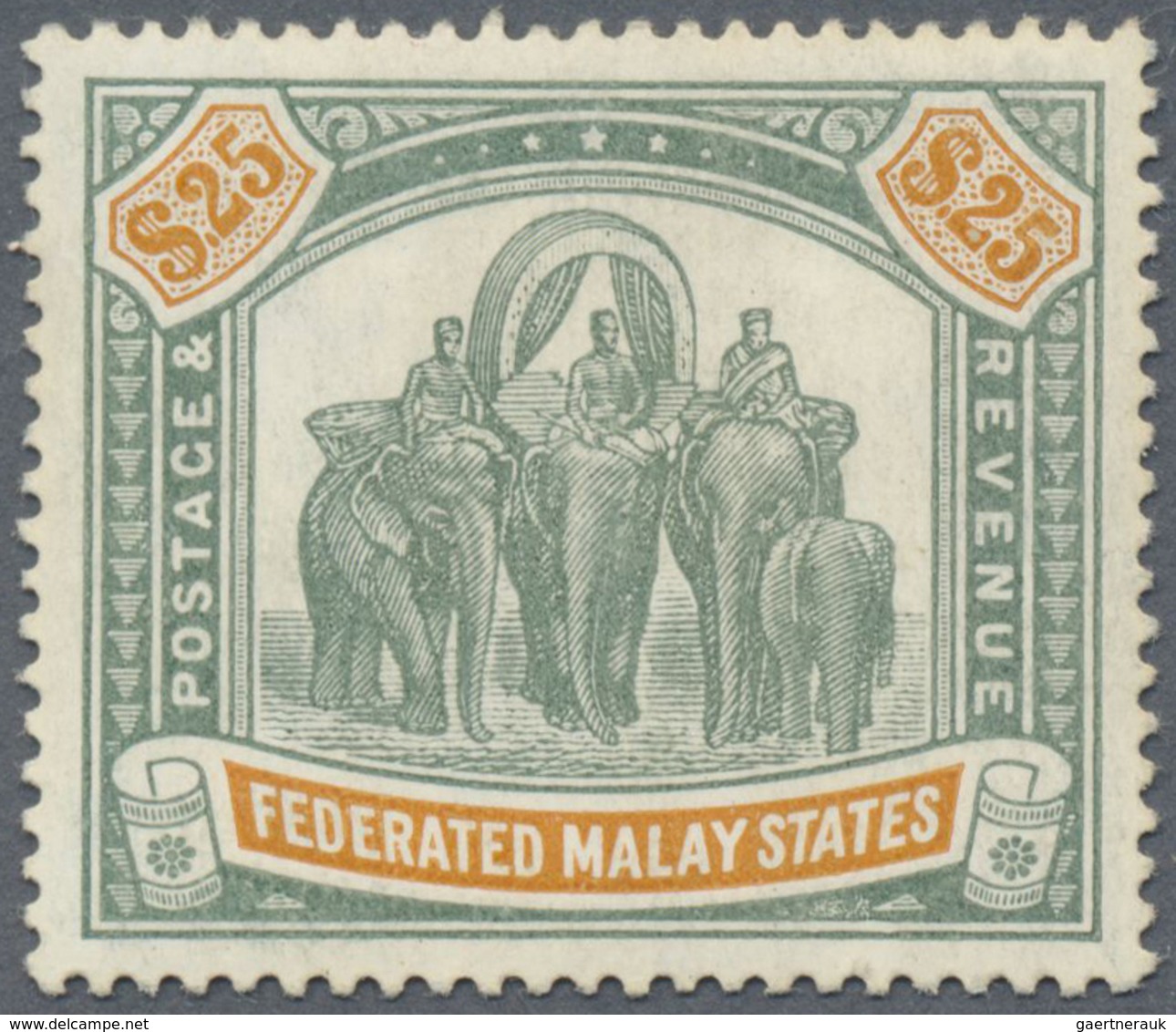 * Malaiischer Staatenbund: 1909, Elephant Definitive $25 Green And Orange With Wmk. Mult. Crown CA Min - Federated Malay States