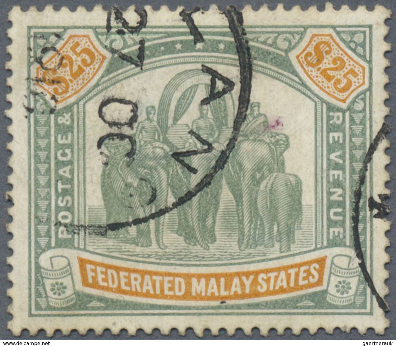 O Malaiischer Staatenbund: 1909, Elephant Definitive $25 Green And Orange With Wmk. Mult. Crown CA Fin - Federated Malay States