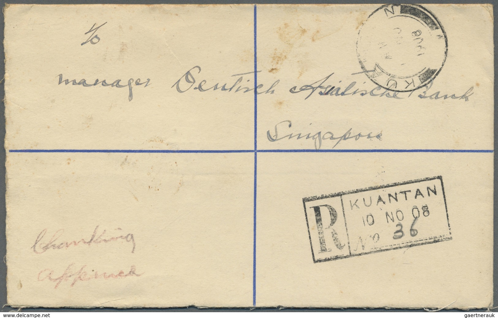 GA Malaiischer Staatenbund: 1908, Registration Envelope 10 C. Blue Uprated 3 C. Brown Canc. „KUANTAN 10 - Federated Malay States