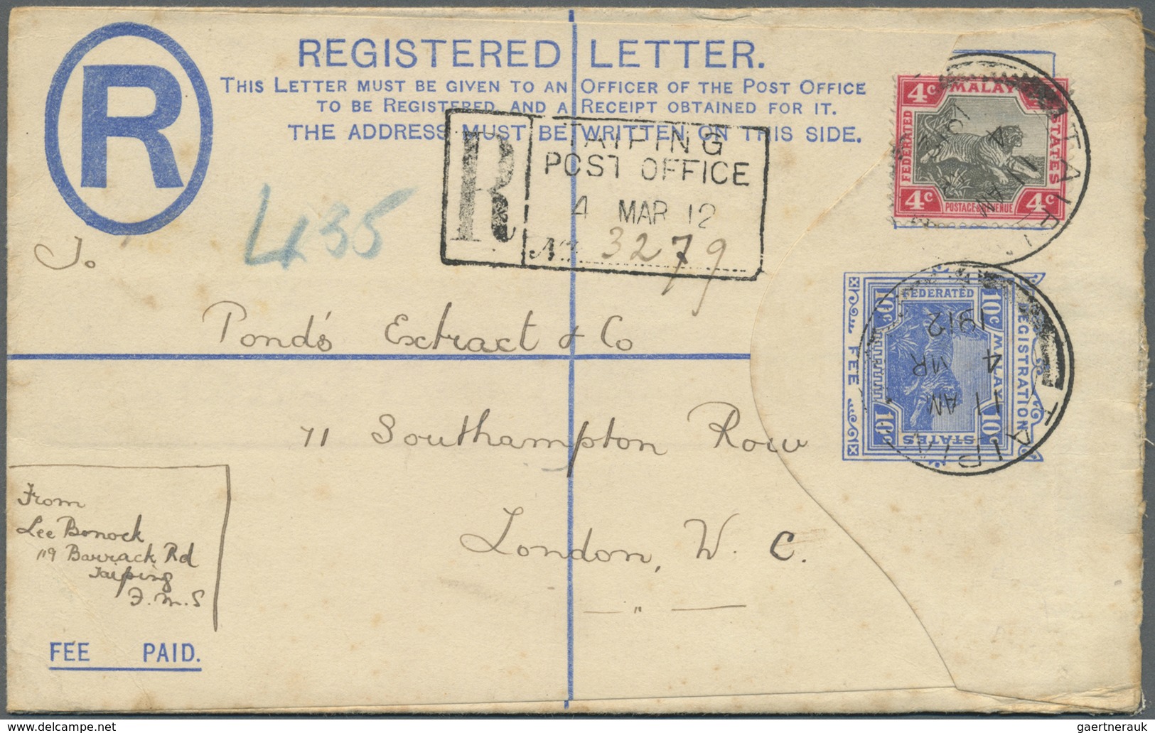 GA Malaiischer Staatenbund: 1912. Registered Envelope 10c Blue Upgraded With SG 36, 4c Black And Scarle - Federated Malay States