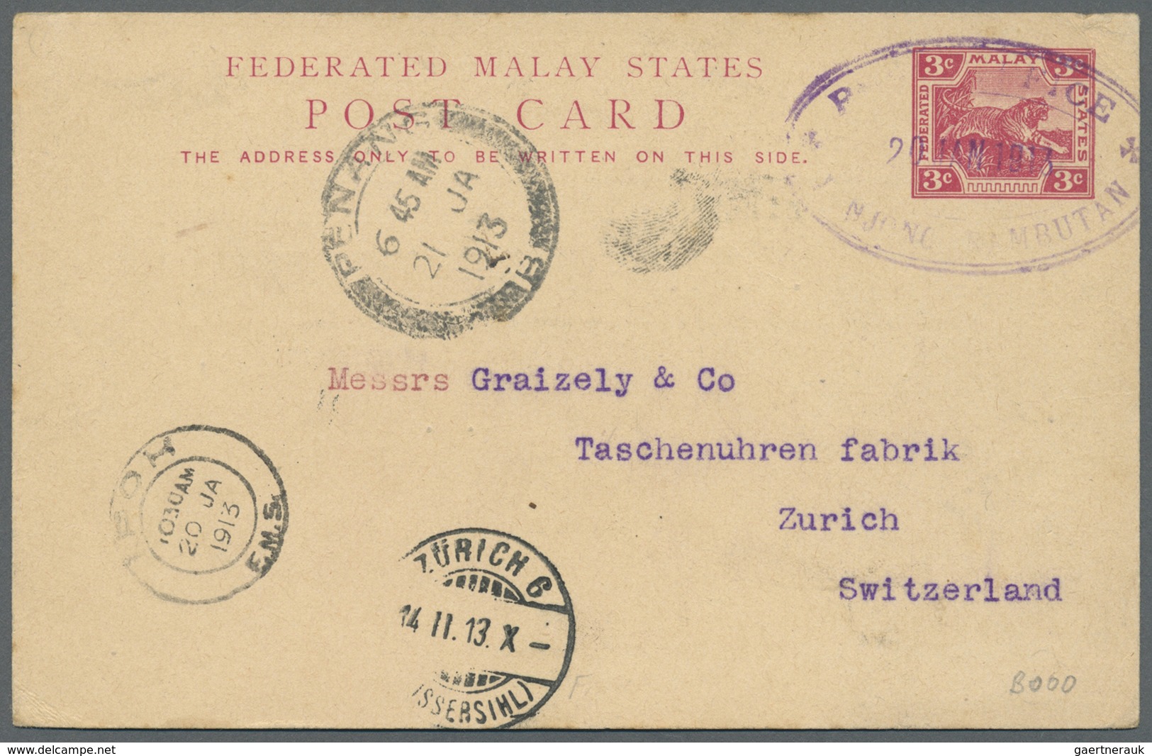 GA Malaiischer Staatenbund: 1913, UPU Card 3 C. Canc. Oval Rubbert Ype In Violet "P(OST) OFFICE / TANJO - Federated Malay States