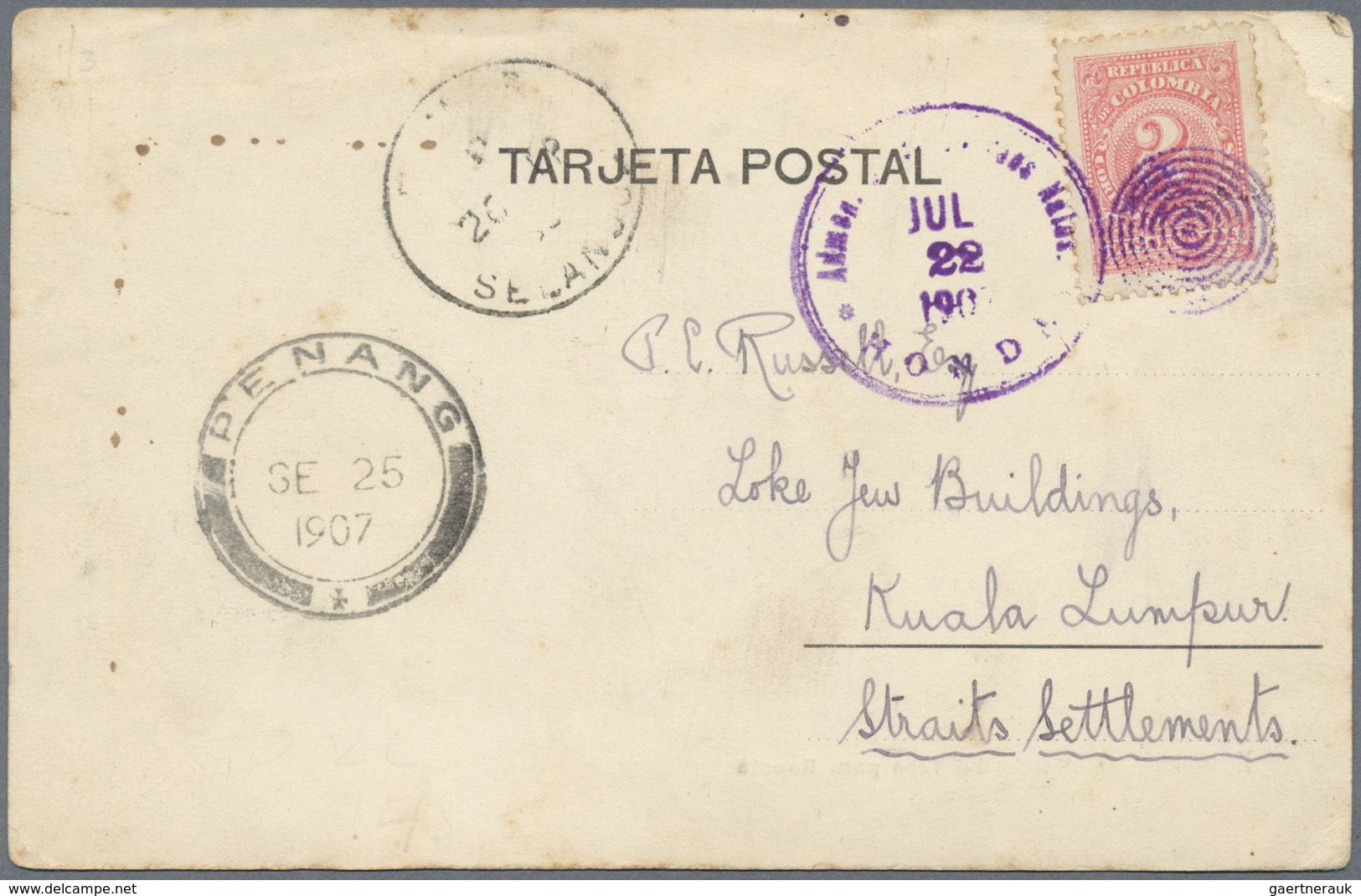 Br Malaiischer Staatenbund: 1907, INCOMING MAIL, Colombia: 2 C Rose Single Franking On Realphoto Ppc Wi - Federated Malay States