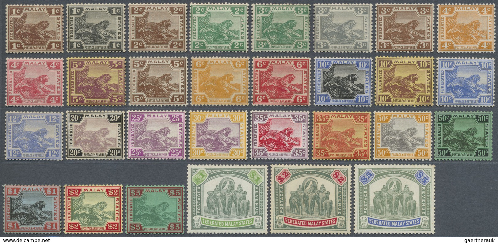 **/* Malaiischer Staatenbund: 1922/1934, Defintives "Tiger/Elephant" Mult. Crown CA, 1c. To $5, Complete - Federated Malay States