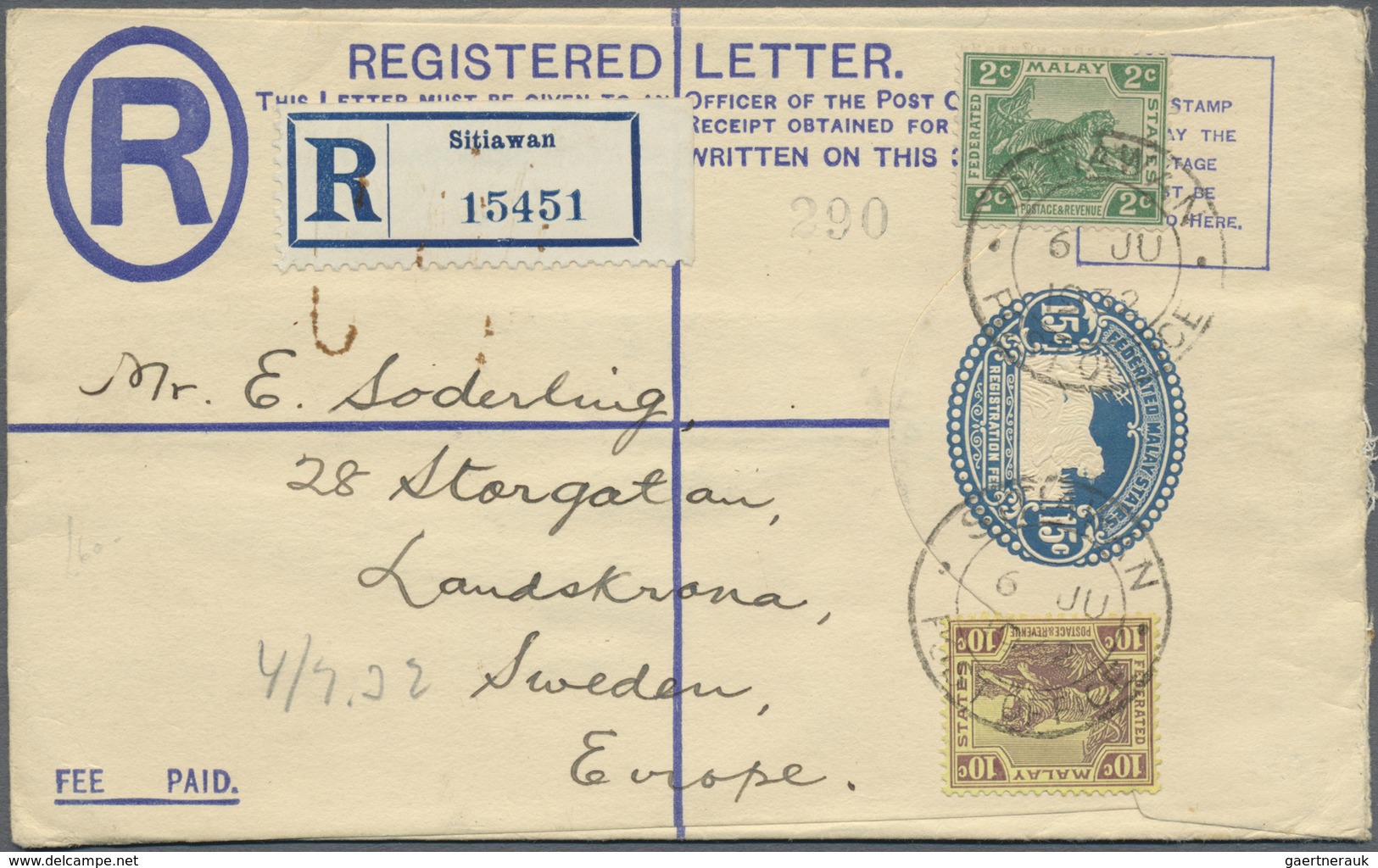 GA Malaiischer Staatenbund: 1932, 15 C Blue "tiger In Oval" Registered Pse Uprated With 2 C Green And 1 - Federated Malay States