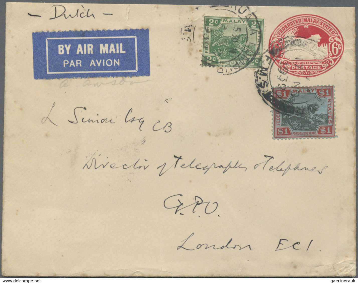 GA Malaiischer Staatenbund: 1932, 6 C Carmin "tiger In Oval" Postal Stationery Envelope, Uprated With 2 - Federated Malay States