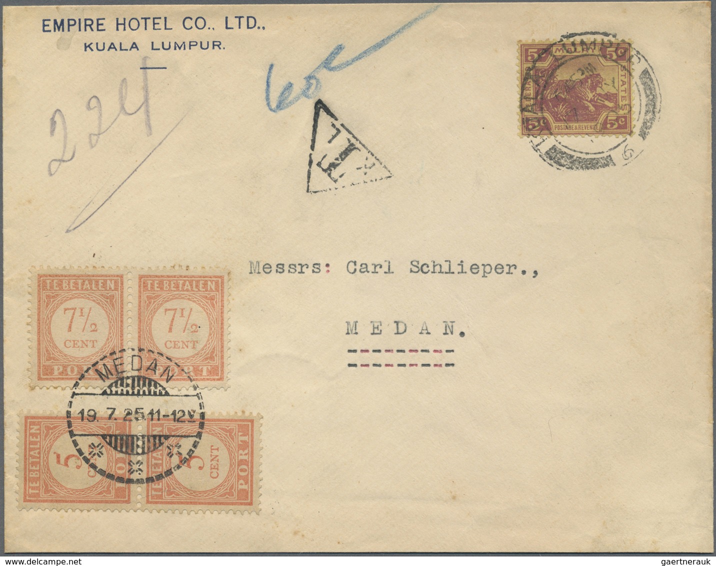 Br Malaiischer Staatenbund: 1925, 5 C Mauve On Yellow On Insufficiently Franked Cover From Empire Hotel - Federated Malay States