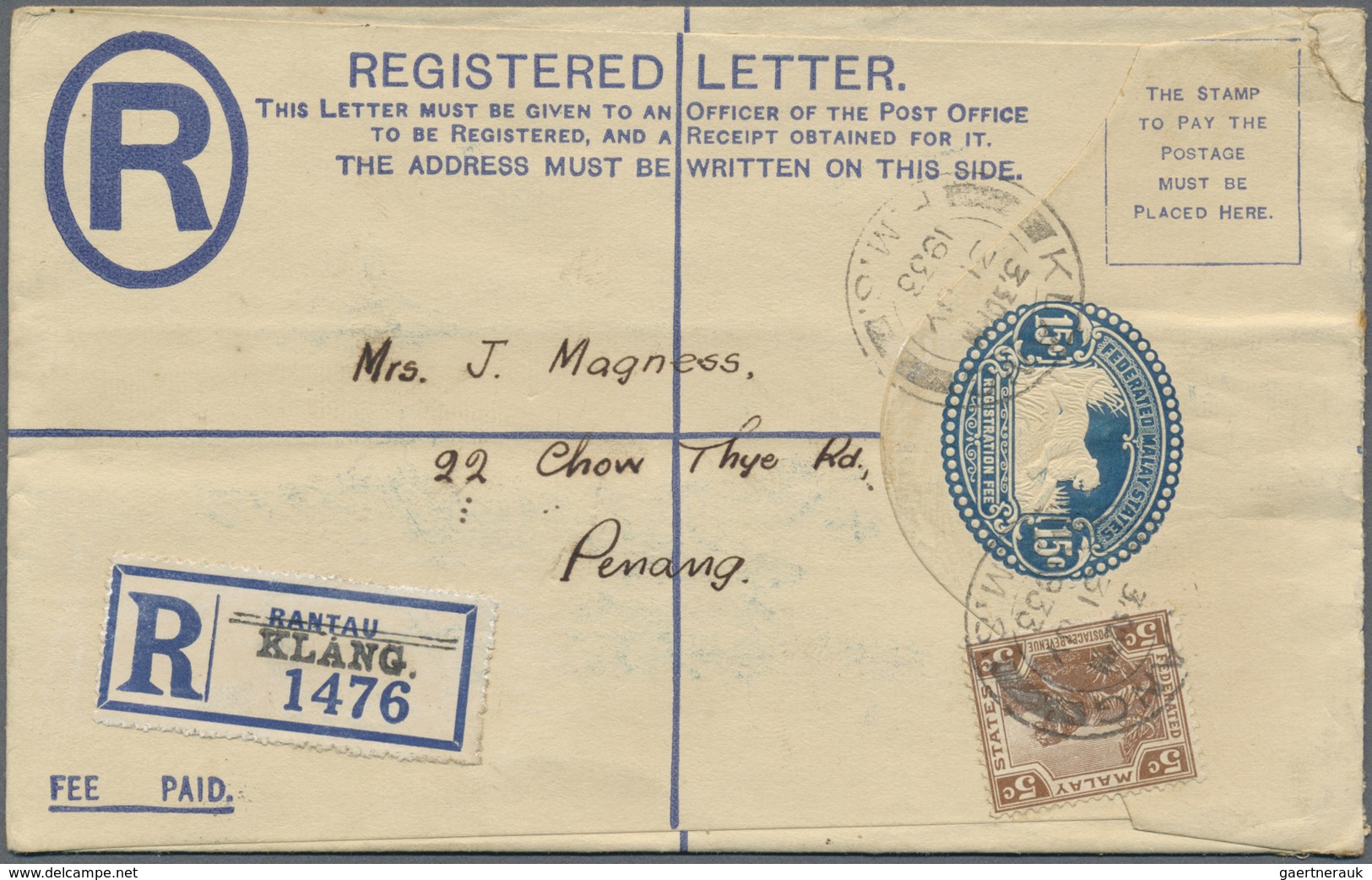 GA Malaiischer Staatenbund: 1929, 15 C Blue "tiger In Oval" Registered Pse, Uprated With 5 C Brown From - Federated Malay States