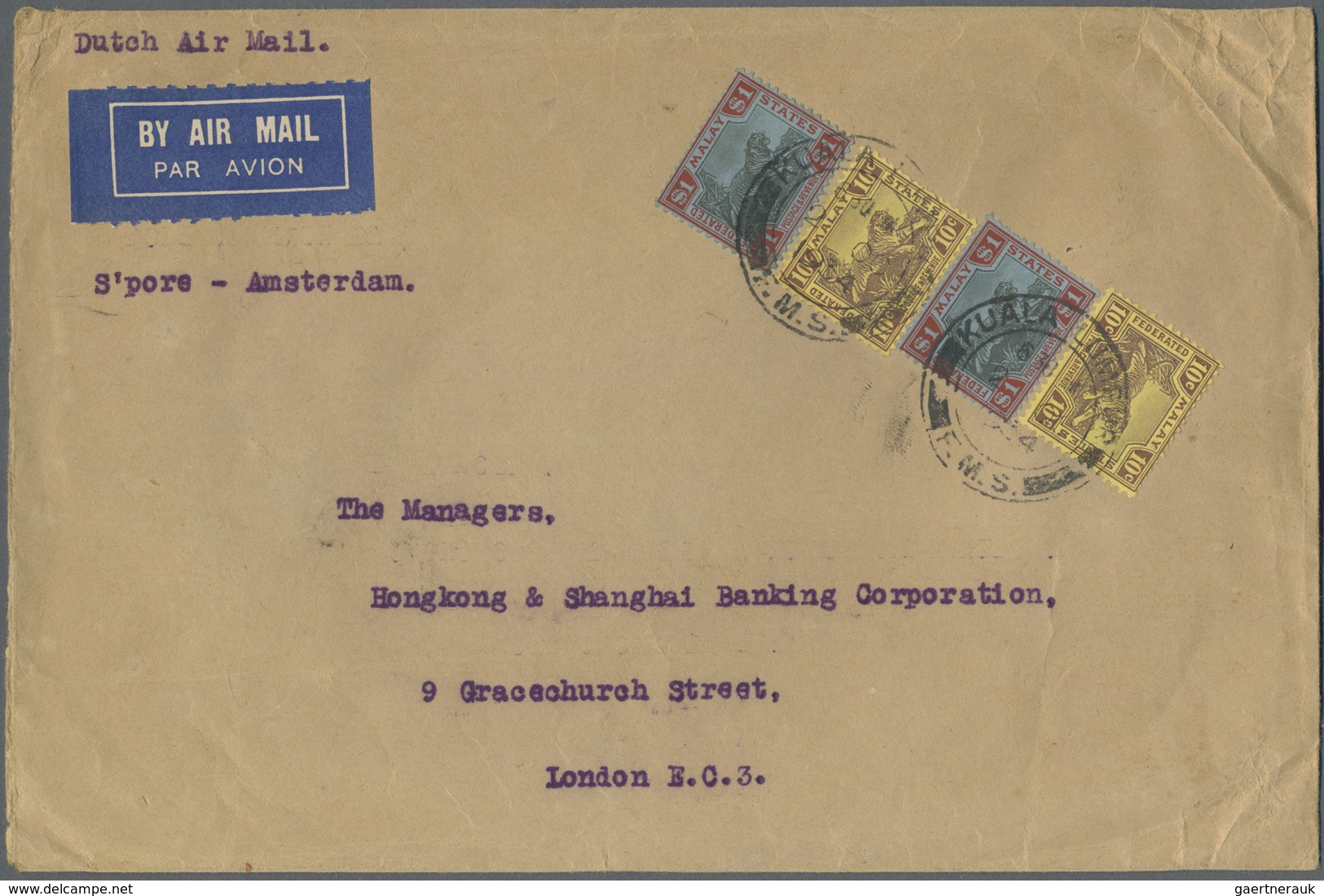 Br Malaiischer Staatenbund: 1934, 2 X 10 C Purple On Yellow And 2 X 1 $ Black/red On Blue, Mixed Franki - Federated Malay States