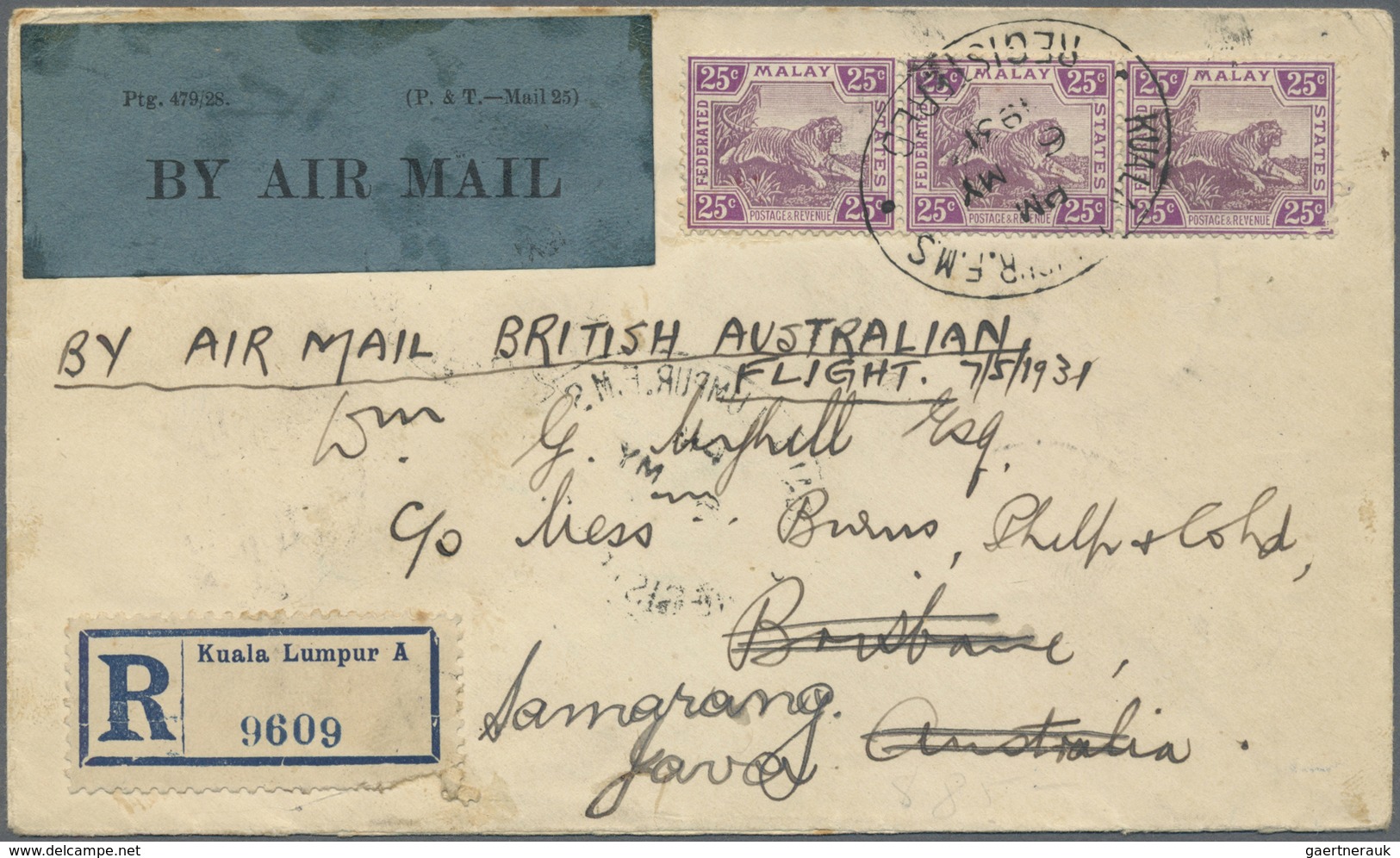 Br Malaiischer Staatenbund: 1931, 3 X 25 C Purple/magenta Multiple Franking On Registered Airmail Cover - Federated Malay States