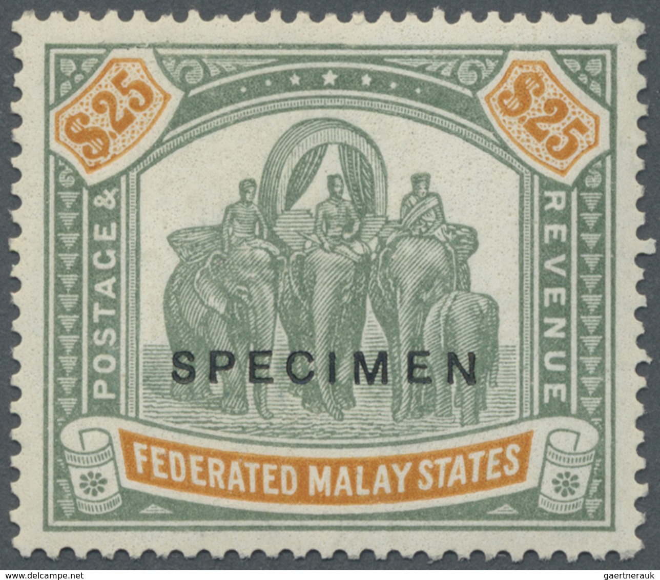 ** Malaiischer Staatenbund: 1922/1930, Definitives "Tigers/Elephants" Mult.Script CA, $25 Green And Ora - Federated Malay States