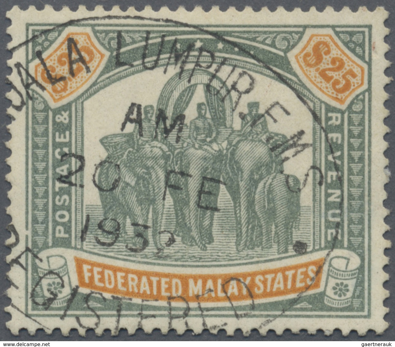 O Malaiischer Staatenbund: 1922-34 'Elephants' $25 Green & Orange, Wmk Mult Script CA, Used And Cancel - Federated Malay States