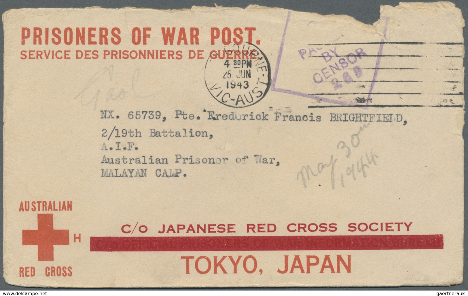 Br Malaiischer Staatenbund: 1943. Prisoner Of War Post/Service Des Prisonniers De Guerre' From The 'Aus - Federated Malay States