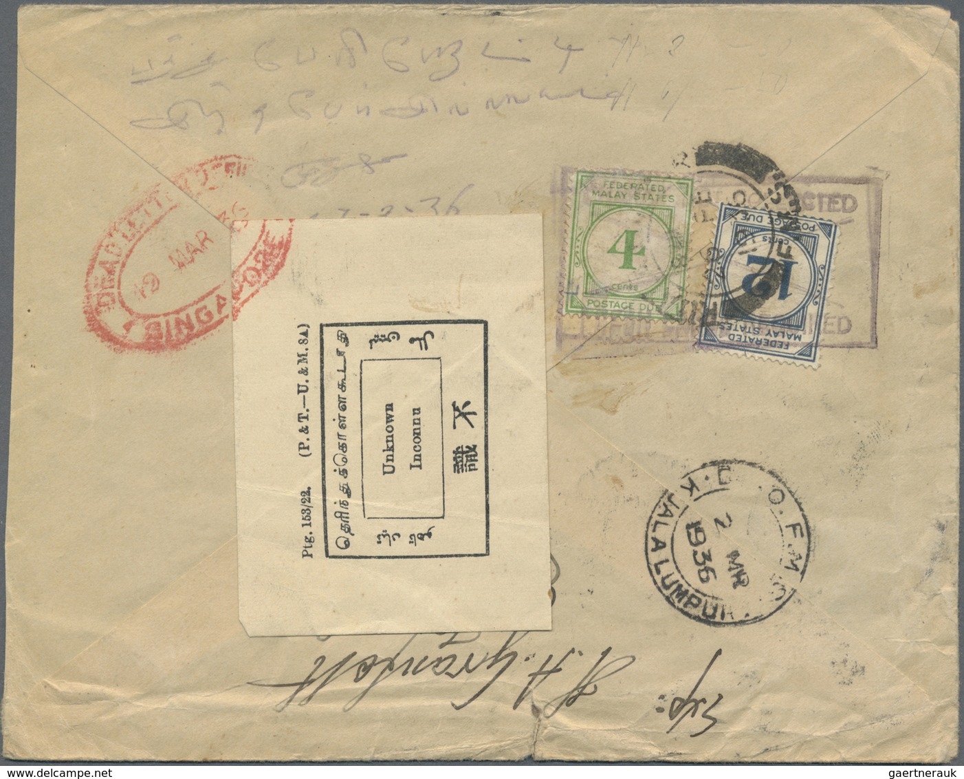 Br Malaiischer Staatenbund - Portomarken: 1936, Finland: Stampless Envelope From Kuopio, 31.1.36, To Ku - Federated Malay States