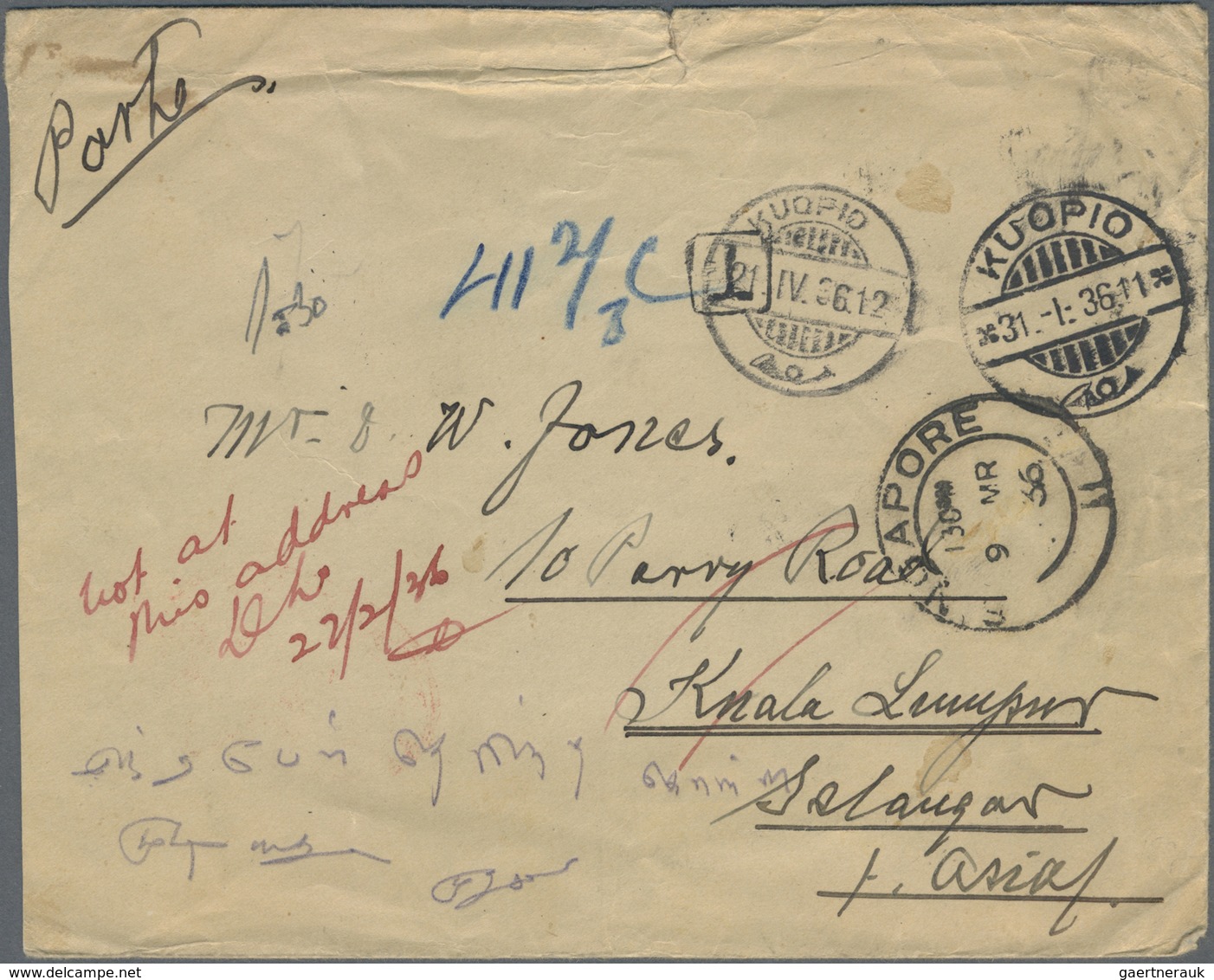 Br Malaiischer Staatenbund - Portomarken: 1936, Finland: Stampless Envelope From Kuopio, 31.1.36, To Ku - Federated Malay States