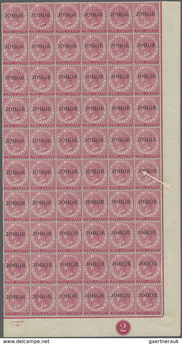 ** Malaiische Staaten - Johor: 1884-91 QV 2c. Bright Rose Overprinted "JOHOR" (Type 10), Complete Pane - Johore