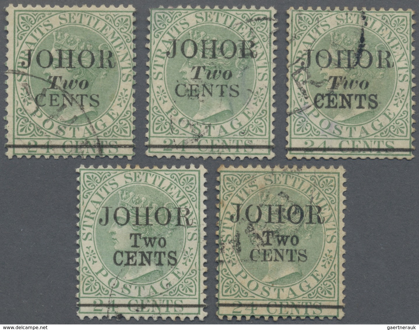 O Malaiische Staaten - Johor: 1891 2c. On 24c. Green Complete Set Of The Four Different Types Of Overp - Johore