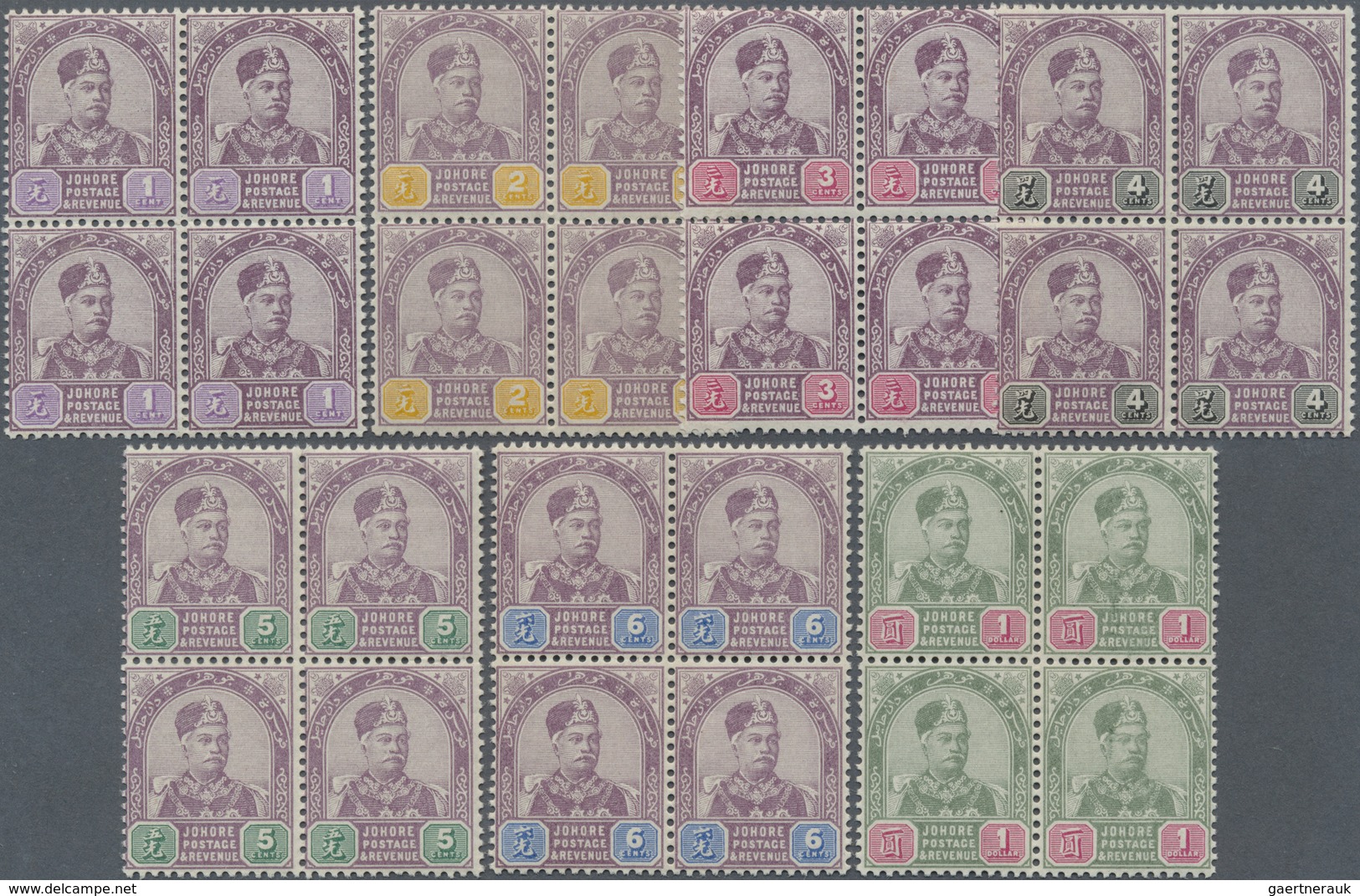 ** Malaiische Staaten - Johor: 1891/1894, Sultan Abu Bakar Complete Set Of Seven In Blocks Of Four, Min - Johore