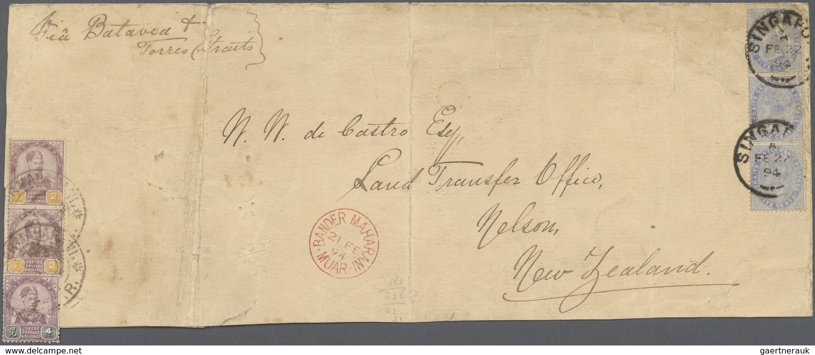 Br Malaiische Staaten - Johor: 1894 Johore-Straits Settlements Combination Cover From Muar To Nelson, N - Johore