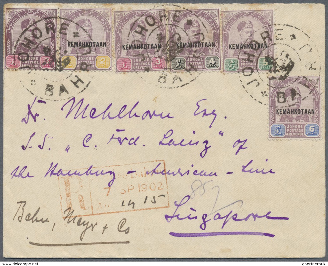 Br Malaiische Staaten - Johor: 1902 Registered Cover From Johore Bahru To A Passenger Onboard HAPAG Shi - Johore