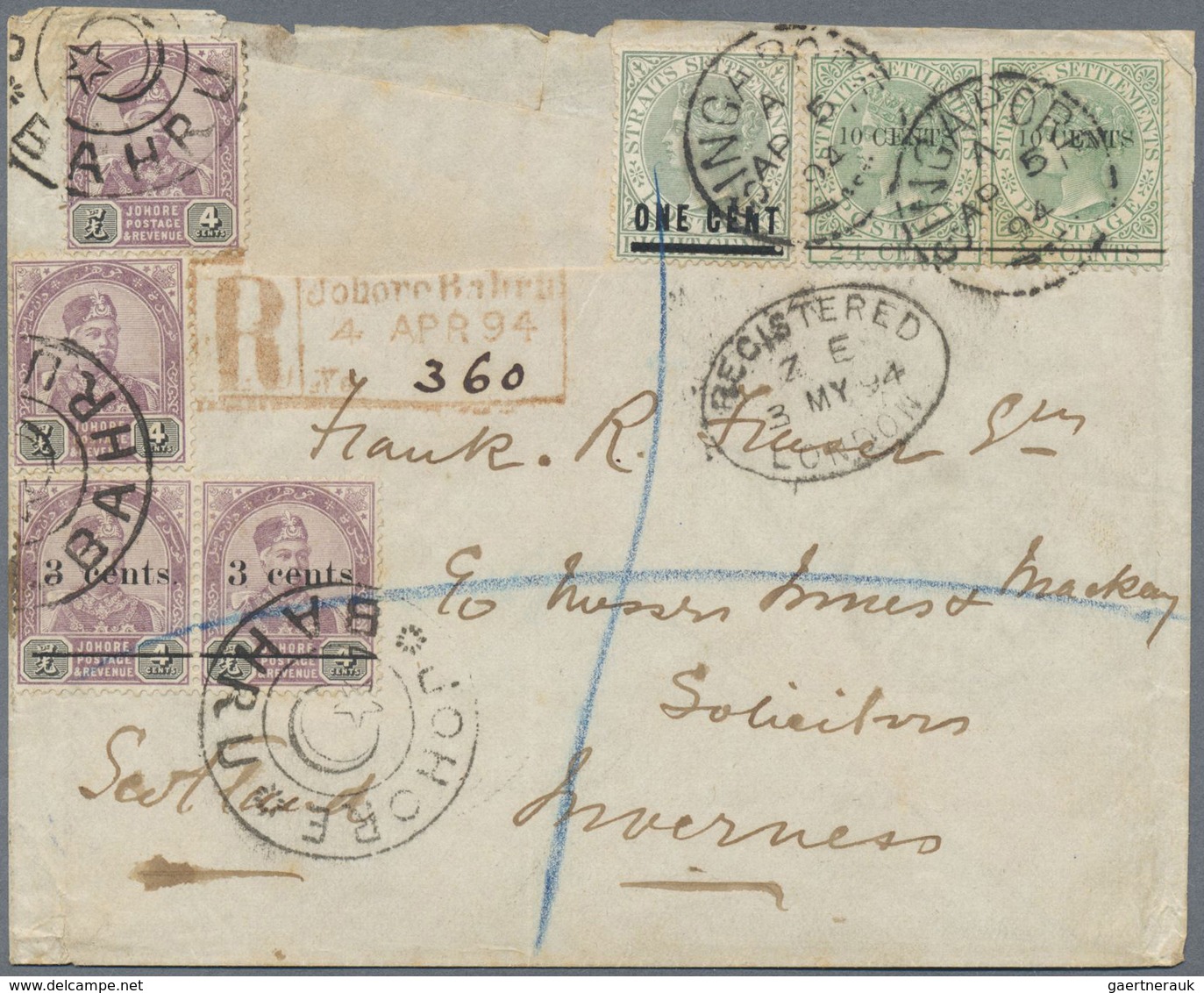 Br Malaiische Staaten - Johor: 1894 Registered Double-weight Cover From Johore Bahru To Inverness, Scot - Johore