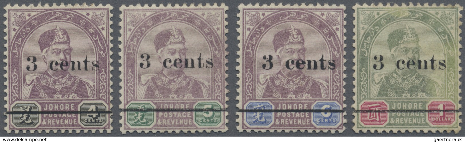 * Malaiische Staaten - Johor: 1894 Complete Set Of Four Stamps Optd. "3 Cents" Each Showing Variety "N - Johore