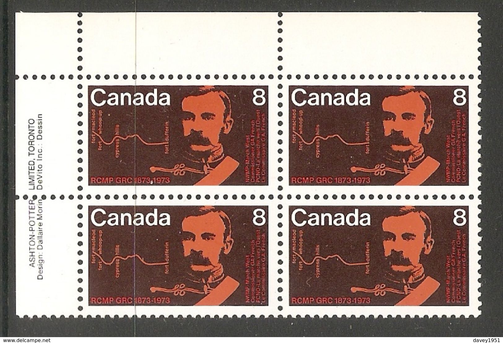 006340 Canada 1973 RCMP 8c Plate Block UL MNH - Plate Number & Inscriptions