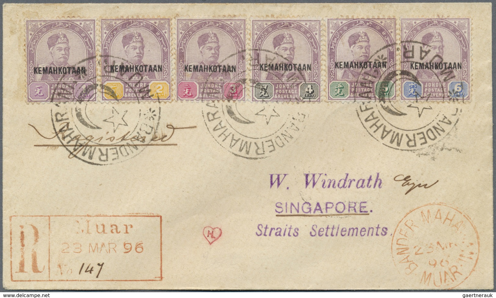 Br Malaiische Staaten - Johor: 1896 Coronation Short Set Of Six To 6c. Used On Registered Philatelic Co - Johore