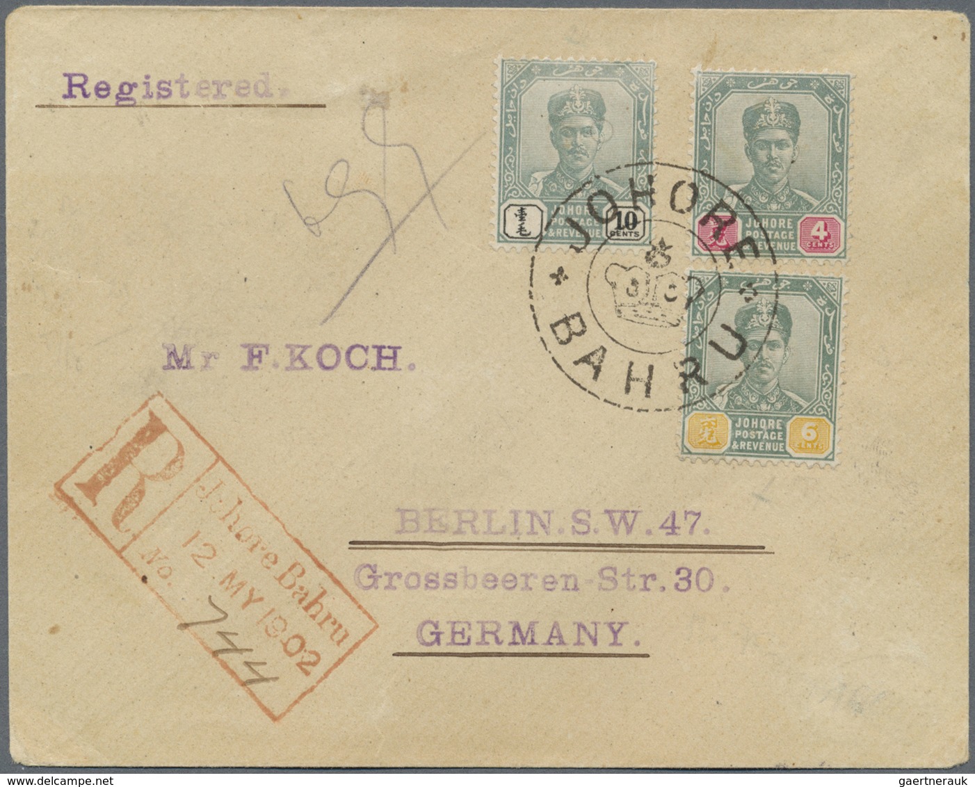 Br Malaiische Staaten - Johor: 1902 Registered Cover To Germany Franked By 1896-99 10c. Green & Black, - Johore