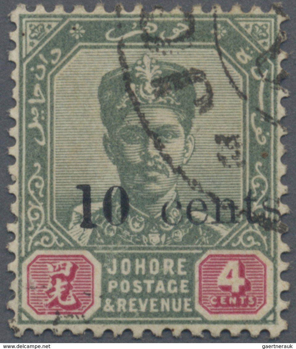 O Malaiische Staaten - Johor: 1903 10c. On 4c. Green & Carmine With "Original Value Uncancelled" And " - Johore