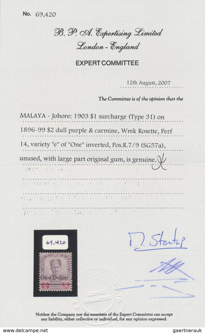 * Malaiische Staaten - Johor: 1903 $1 On $2 Dull Purple & Carmine, Variety "e" Of "One" Inverted (R.7/ - Johore