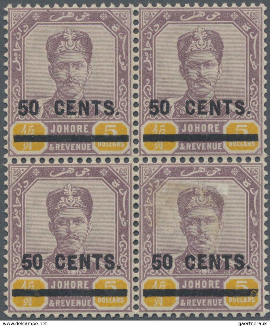 ** Malaiische Staaten - Johor: 1904, Sultan Ibrahim Provisional 50c. On $5 Purple/yellow Block Of Four, - Johore