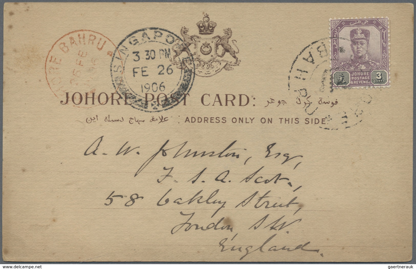 Malaiische Staaten - Johor: 1906 (26.2.), Johore Post Card Bearing Single 'Sultan Sir Ibrahim' 3c. P - Johore