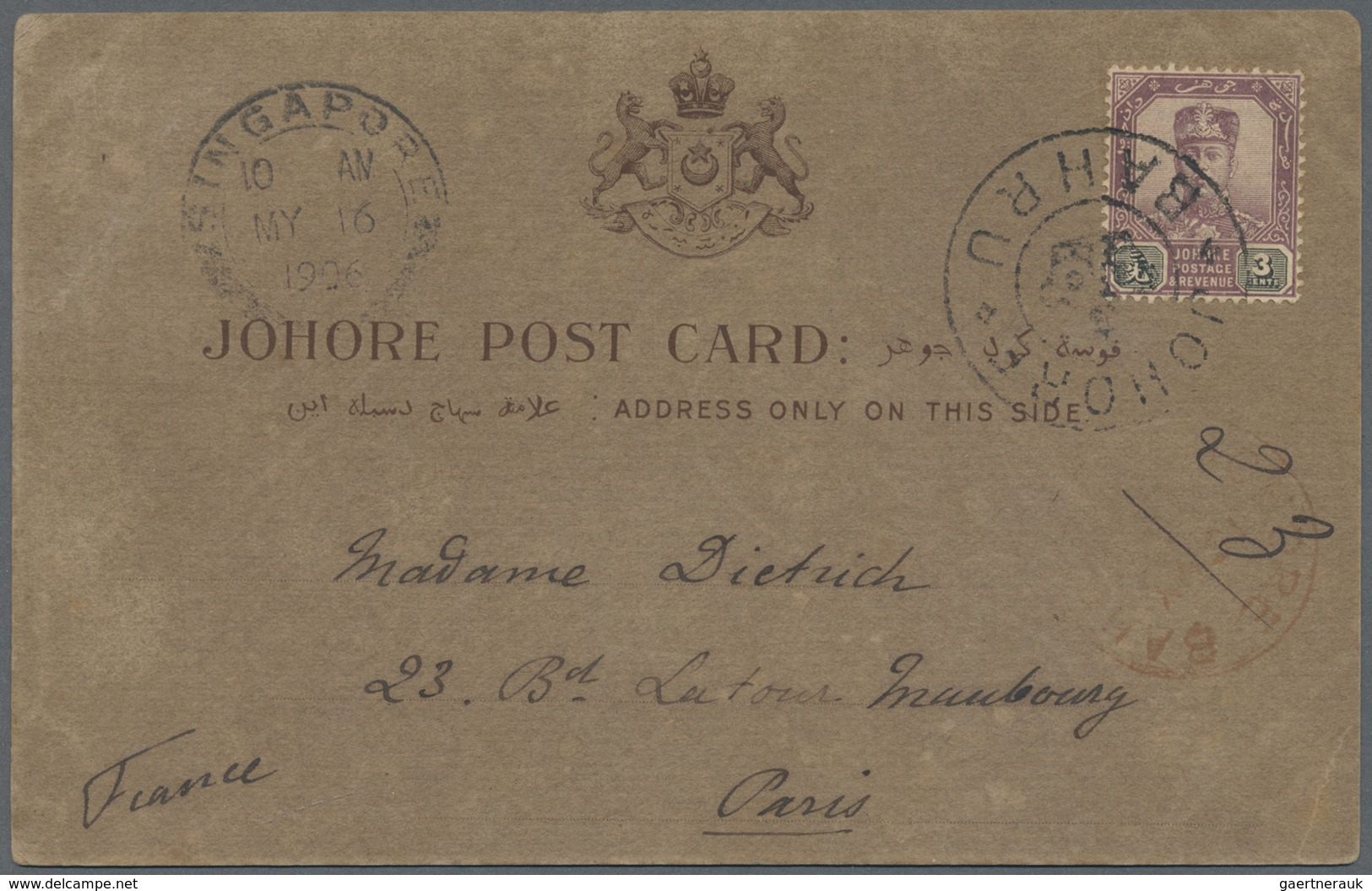 Malaiische Staaten - Johor: 1906, Johore Post Card Bearing Single 'Sultan Sir Ibrahim' 3c. Purple/ol - Johore