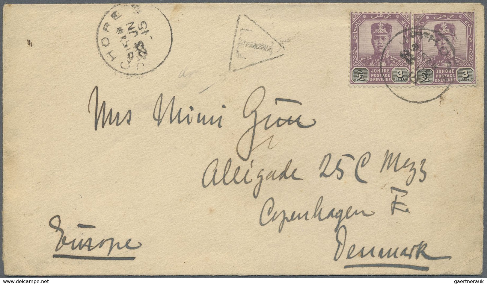 Br Malaiische Staaten - Johor: 1915 Cover To DENMARK Insufficiently Franked By Two Singles Sultan Sir I - Johore