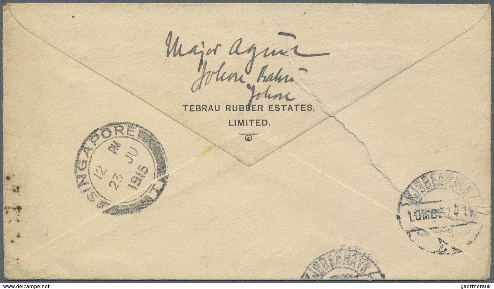 Br Malaiische Staaten - Johor: 1915 Cover To DENMARK Insufficiently Franked By Two Singles Sultan Sir I - Johore